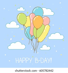 Vector illustration of a Colorful Bunch of Birthday Balloons Flying for Party in the sky. Flat style. Pale colors