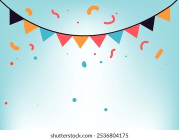 Vector illustration of colorful bunting flags and confetti in a minimalist style, perfect for party or celebration themes.