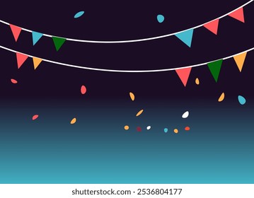 Vector illustration of colorful bunting flags on a dark background, designed in a minimalist style for festive events.