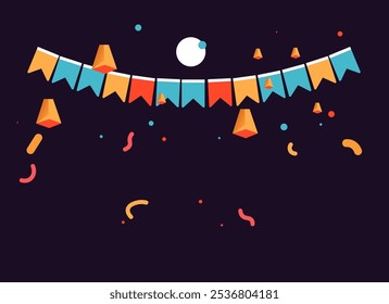 Vector illustration of colorful bunting flags on a dark background, designed in a minimalist style for festive events.