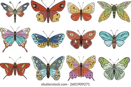 A vector illustration of colorful butterflies with intricate wing patterns, showcasing a variety of artistic and natural designs