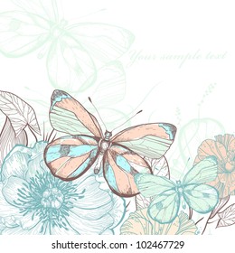 vector illustration of colorful butterflies , summer flowers and plants