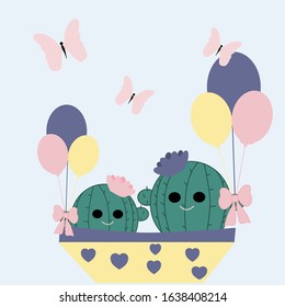 vector illustration with colorful cactus, balloons and butterflies, perfect to use on the web or in print