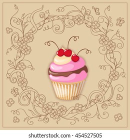 Vector illustration colorful cake with cherry on the vintage hand drawn background in boho style. Image for restaurant, cafeteria, cafe menu, bakery, confectionery, shop, store. eps10.