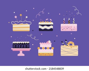 Vector illustration with colorful cakes on purple background.
