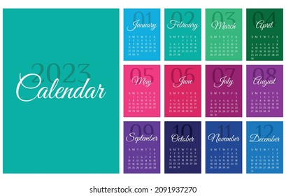 Vector illustration. Colorful calendar 2023 template. Week Starts on Sunday. Calendar on colorful background. Printable template page A3 A4 A5