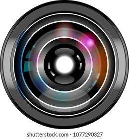 Vector illustration of colorful camera lens on white background. Icon for camera lens.
