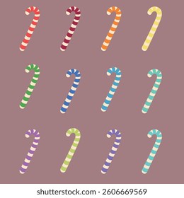 Vector Illustration of Colorful Candy Canes - Festive Christmas Peppermint Stick in Various Colors for Holiday Decorations, Greeting Cards, Gift Wrapping, and Seasonal Designs