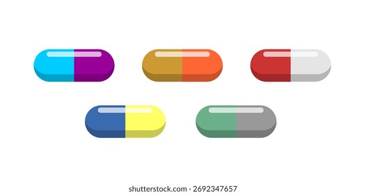 Ilustração vetorial de cápsulas coloridas isoladas sobre fundo branco. Conceito farmacêutico, de saúde e de medicina.