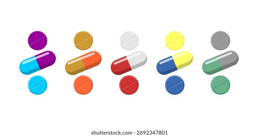 Vektorgrafik von bunten Kapseln und runden Pillen einzeln auf weißem Hintergrund. Medizinisches und pharmazeutisches Konzept.