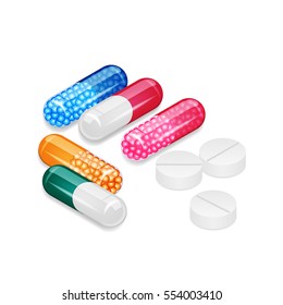 Vector illustration. Colorful capsules and white pills. Design for a poster, poster for medical clinics, medicines. 3D.