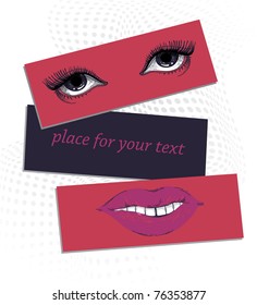 vector illustration of colorful cards with hand drawn eyes and lips