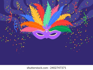 Vector illustration of a colorful Carnival mask with feathers and confetti in a blue background with copy space