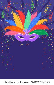 Vector illustration of a colorful Carnival mask with feathers and confetti in a blue background with copy space