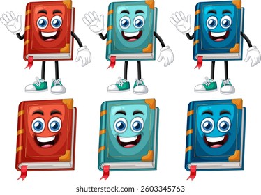 Vector illustration of colorful cartoon books with smiling faces and animated limbs, showcasing playful and vibrant design elements