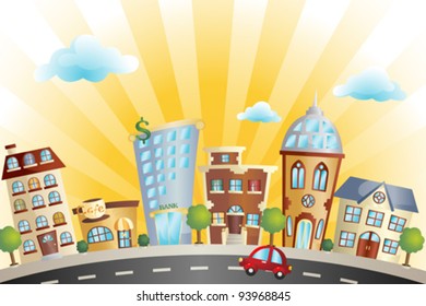 A Vector Illustration Of Colorful Cartoon Cityscape