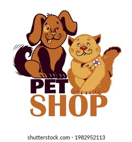 Vector illustration with colorful cartoon dog and cat. Logotype for pet shop, animal shelter or veterinary. Vector illustration