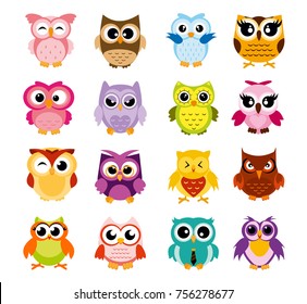 Vector illustration of colorful cartoon funny owls set on white background. Happy and joyful birds set in flat style.