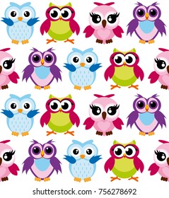 Vector illustration of colorful cartoon funny owls pattern on white background. Happy and joyful birds in flat style.
