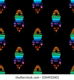 Vector illustration of colorful  cartoon spaceship. Seamless pattern. Pixel art. 8 bit. Rainbow.