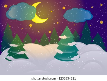 The vector illustration of the colorful cartoon of the winter evening snowy landscape with fir-trees