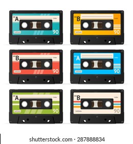 Vector Illustration Colorful Cassette Tape Collection isolated on a white background. 