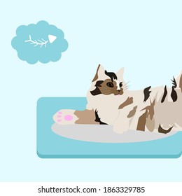 Vector illustration of a colorful cat lying on the carpet and dreaming about fish. Pet shop concept. Cute postcard of a dreaming cat. Playing pets