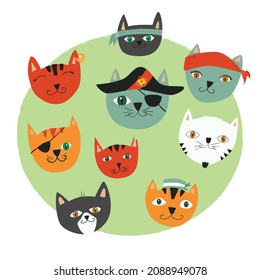 Vector illustration colorful cats pirates. Set of cute cat faces for kids decorations, books and activities Creative meow composition for cards, posters, prints, covers and kids designs