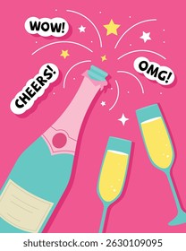 Vector illustration of a colorful celebration scene with a popping champagne bottle, glasses, fireworks, stars, and festive words like “Cheers”, “Wow”, and “OMG” on a pink background