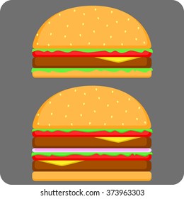 Vector Illustration Of Colorful Cheeseburger And Double Cheeseburger In Simple Style. Perfect For Menus
