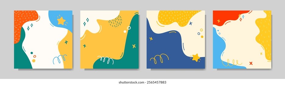 Vector illustration. Colorful childish background. Hand drawn memphis pattern doodle shapes and lines. Design elements for web banner, social media template. Trendy abstract color background