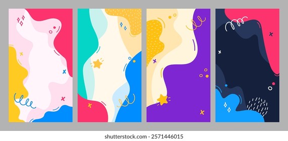 Vector illustration. Colorful childish background. Hand drawn memphis pattern doodle shapes and lines. Design elements for flyer, voucher, leaflet, coupon. Trendy abstract color vertical background