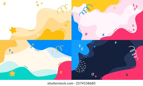 Vector illustration. Colorful childish background. Hand drawn memphis pattern doodle shapes and lines. Groovy design elements for horizontal wallpapers, web banner. Trendy abstract color backdrop set