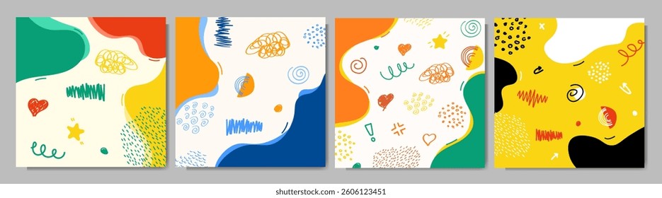 Vector illustration. Colorful childish background. Hand drawn memphis pattern doodle shapes and lines. Design elements for social media template, web banner, blog post. Trendy abstract colorful style