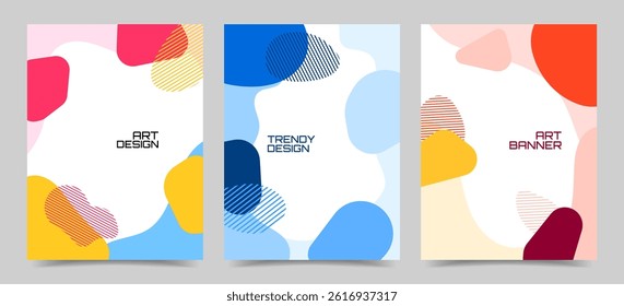 Vector illustration. Colorful childish background. Fluid geometric shapes and lines. Design elements for poster, layout, magazine, book cover, flyer. Geometry liquid trendy abstract colorful style