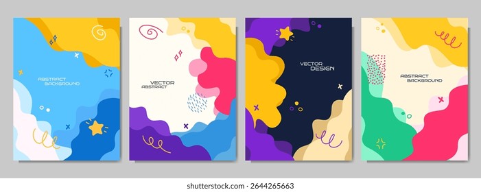 Ilustración vectorial. Fondo infantil colorido. Dibujo a mano de Formas y líneas de doodle de patrón de memphis. Elementos de diseño para portada, folleto, revista, póster, volante. Estilo colorido abstracto de moda