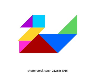Vector illustration of colorful chinese tangram puzzle in bird shape on white background.