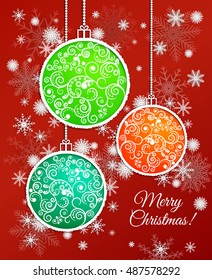 Vector illustration. Colorful Christmas balls decorated with a delicate pattern on a background of falling snowflakes. Design for greeting cards, banners, posters.