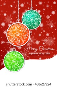 Vector illustration. Colorful Christmas balls decorated with a delicate pattern on a background of falling snowflakes. Design for greeting cards, banners, posters.
