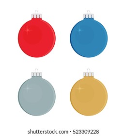 Vector illustration colorful christmas balls. Set of isolated new year tree decorations. Red, blue, golden and silver christmas ball icon flat design