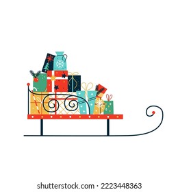 Vector illustration with colorful Christmas sleigh full of presents. Object isolated on white background.