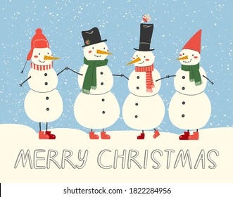 Vector illustration of colorful christmas snowmen and little bird for greeting card design. Hand drawn illustration in doodle style. For web greeting card and another print design.