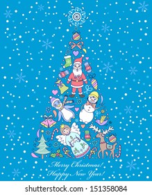 Vector illustration of colorful christmas tree on  blue snowy background
