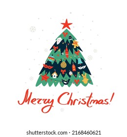 Vector illustration with colorful Christmas tree on white snowy background and Merry Christmas lettering. Winter holidays card.