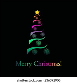 Vector illustration of Colorful Christmas tree. Black background.