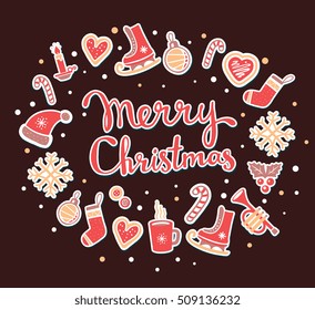 Vector illustration of colorful christmas wreath with red, yellow elements and handwritten text merry christmas on brown background. Flat style design for web, banner, poster, print, greeting card