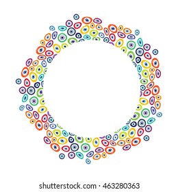 vector illustration / colorful circle design with turkish evil eye nazar boncugu charms in different rainbow colors with a place for text can be used as cards or brochure designs