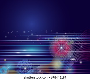 Vector illustration colorful circle and light on blue sky of cyberspace, Abstract background of cyber and imagination to time machine in the future. Abstract space background with line and lighted.