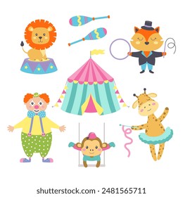vector illustration of colorful circus animal set, cute circus animals character, clown and tent isolated on white