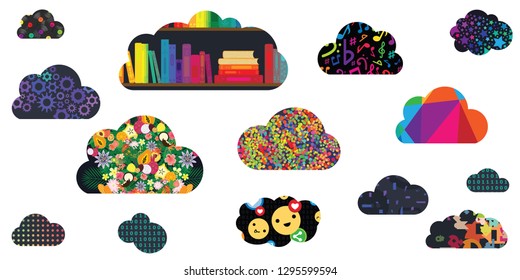 vector illustration of colorful clouds for digital storage and saving files online concept